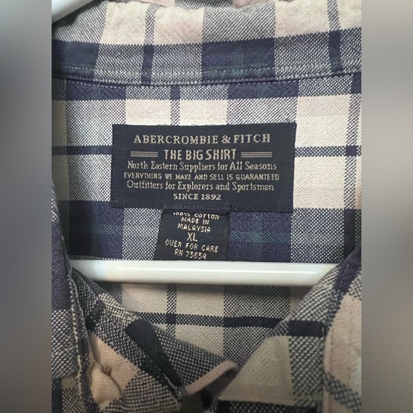 Abercrombie & Fitch The Big Shirt Mens XL Blue/Cream Plaid Button Down 100% Cott - Picture 3 of 6